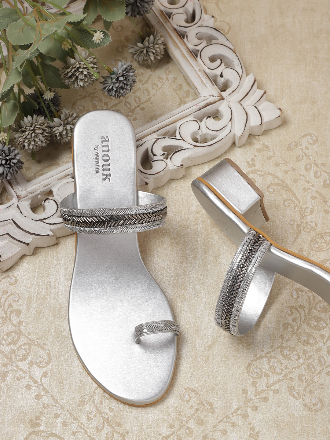 

Anouk Stone Embellished Ethnic Block Heels, Silver