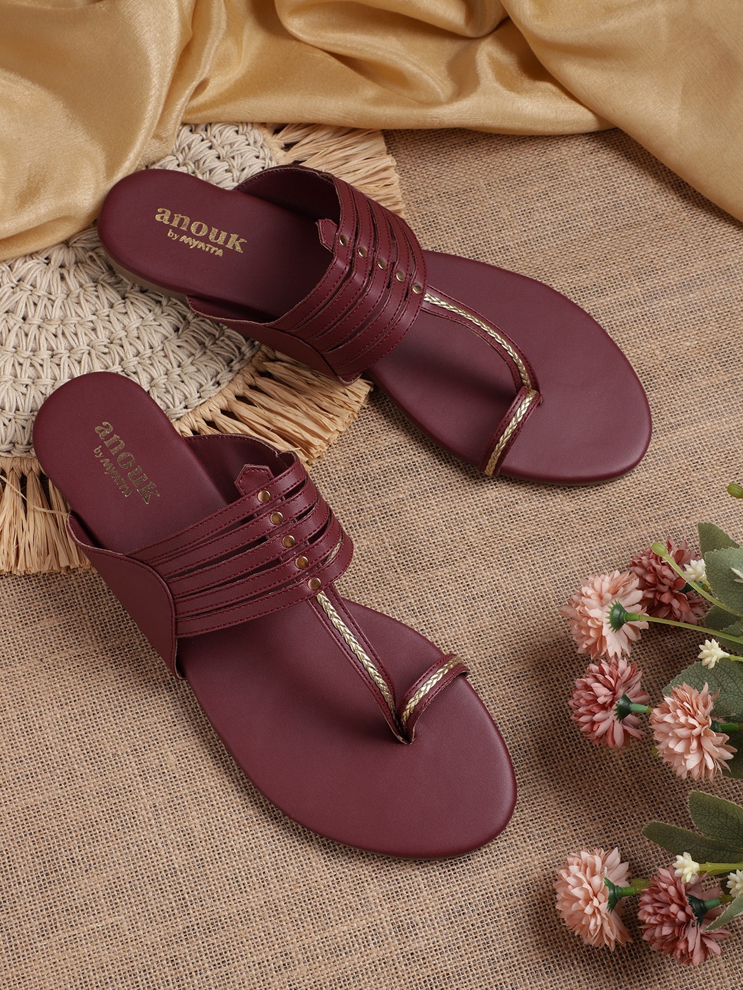 

Anouk Women Striped One Toe Flats with Braided Detail, Maroon
