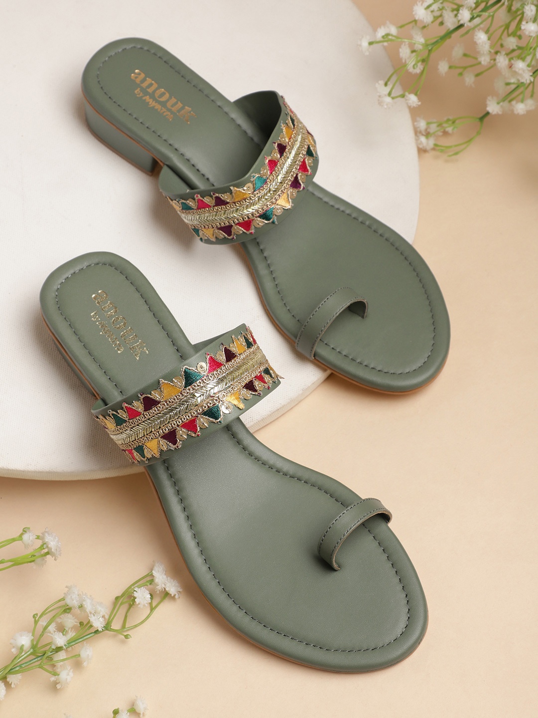 

Anouk Embellished One-Toe Ethnic Block Heels, Green