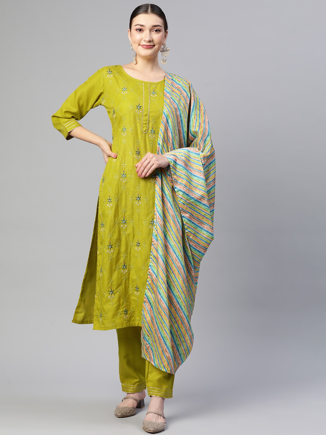 

SheWill Women Green Ethnic Motifs Embroidered Sequinned Kurta with Trousers With Dupatta