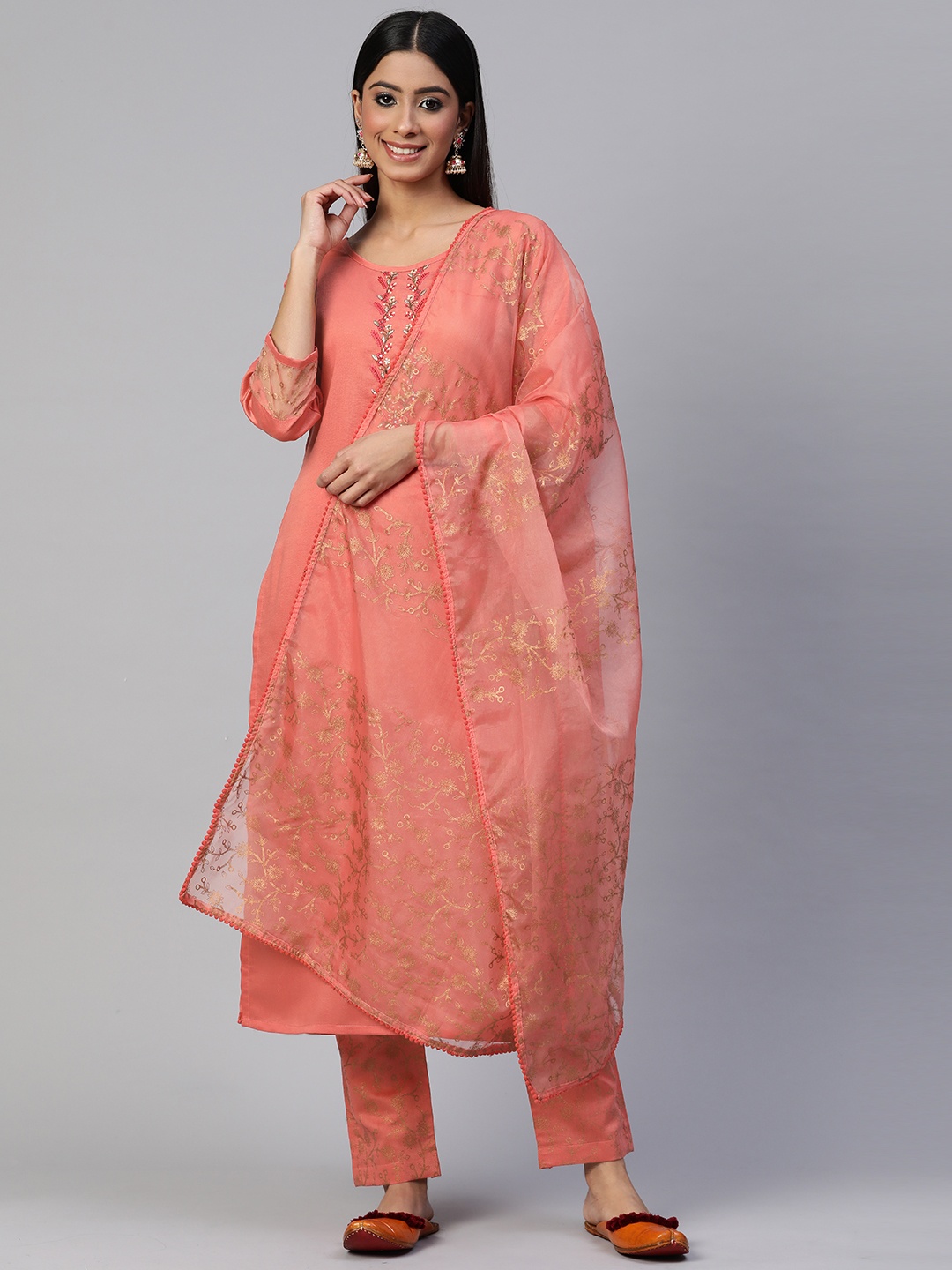 

SheWill Women Floral Embroidered Sequinned Liva Kurta With Trousers & With Dupatta, Peach