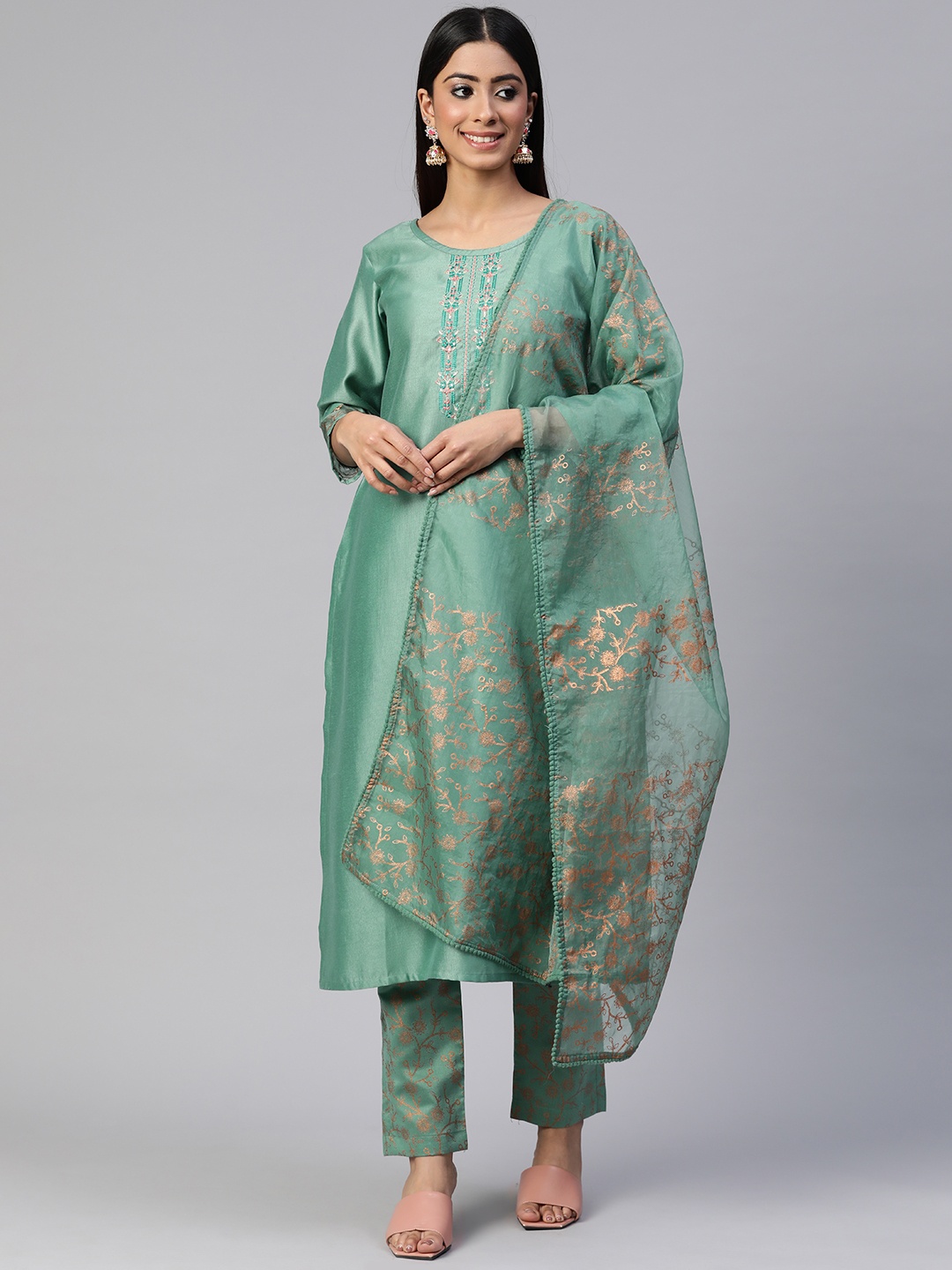 

SheWill Women Floral Embroidered Sequinned Liva Kurta With Trousers & With Dupatta, Teal