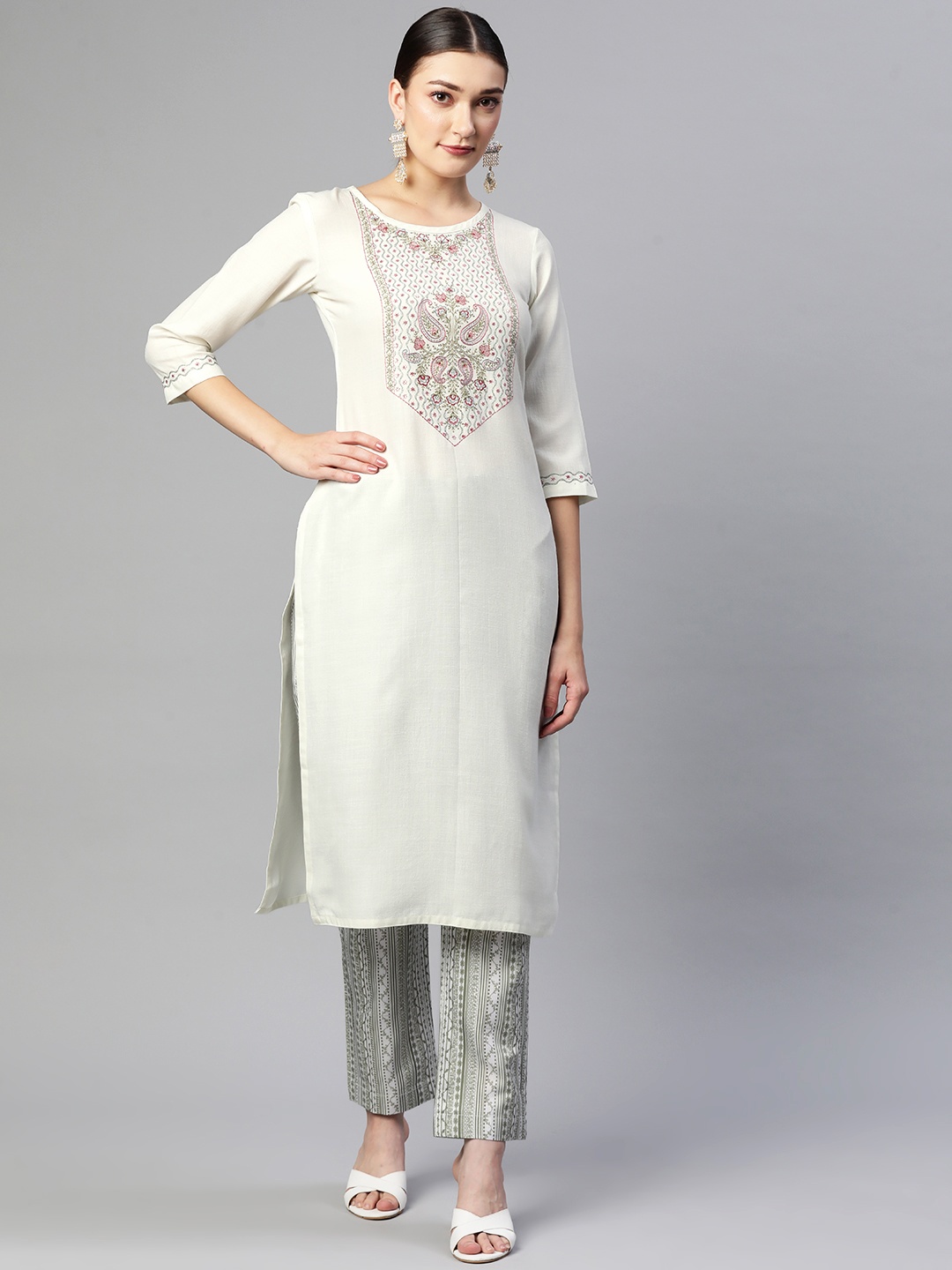 

SheWill Women Grey Paisley Embroidered Sequined Kurta with Trousers