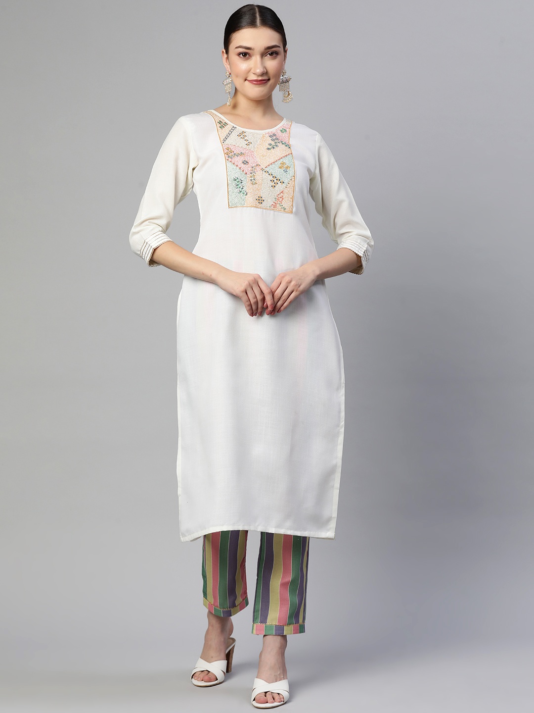 

SheWill Women Off White Ethnic Motifs Embroidered Sequined Kurta with Trousers