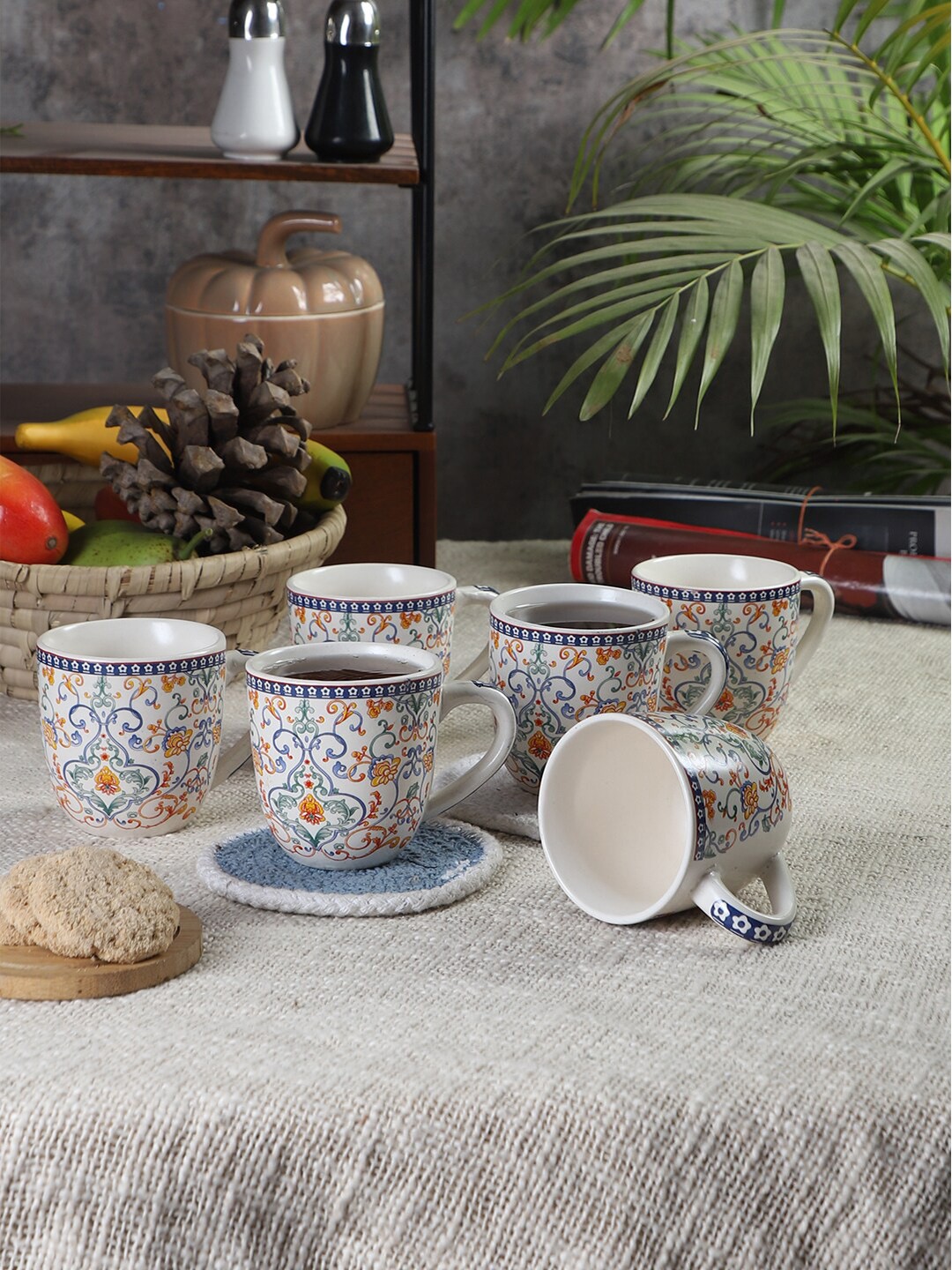 

CDI White & Blue 7 Pieces Dishwasher And Microwave Safe Ceramic Mugs With Wooden Tray