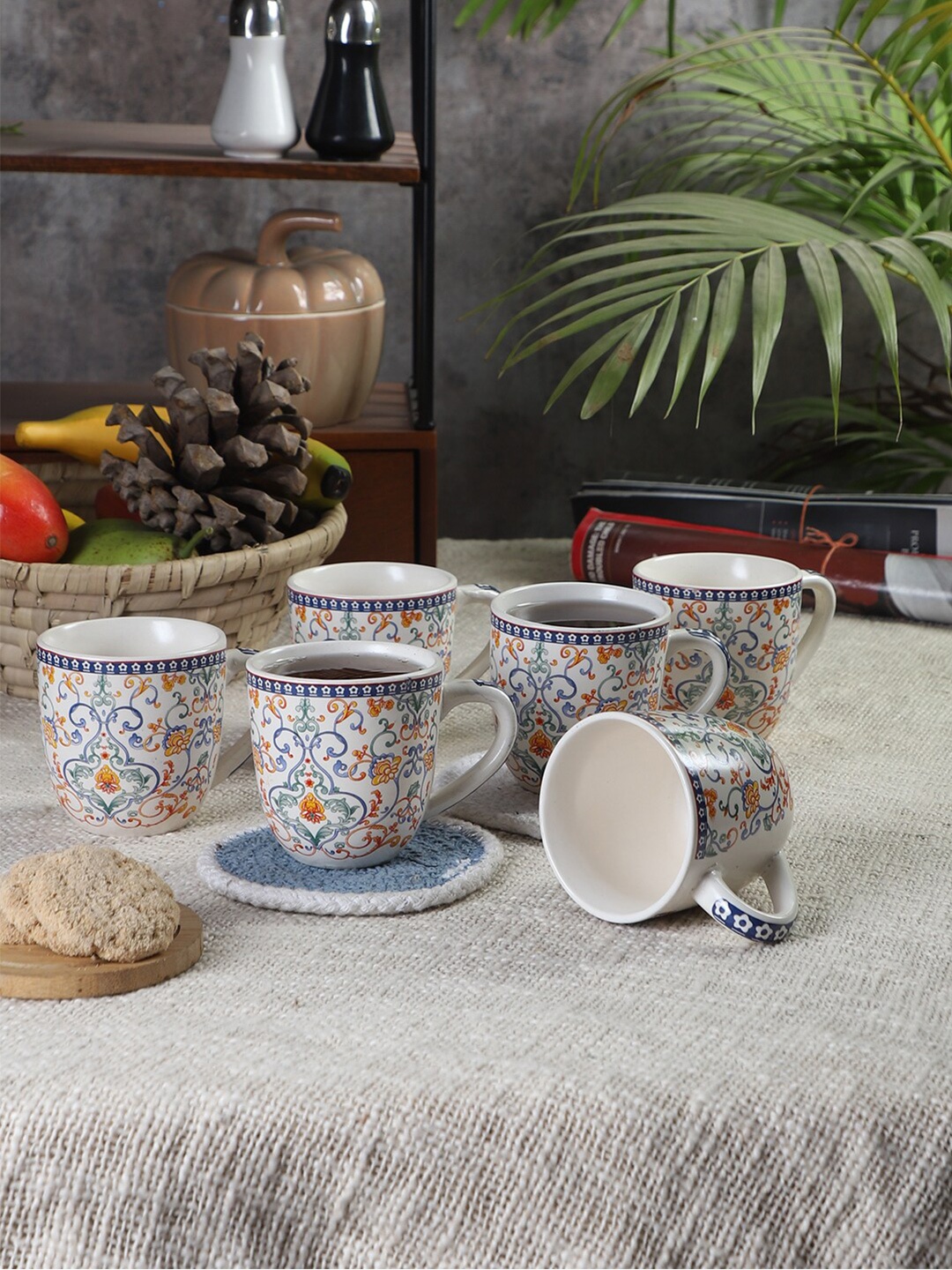 

CDI White & Blue Set Of 6 Dishwasher And Microwave Safe Ceramic Matte Mugs 200 ML Each