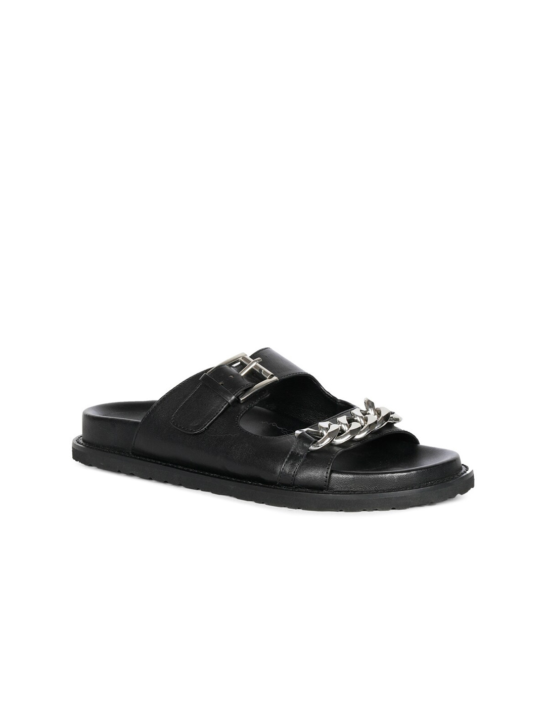 

Saint G Women Black Leather Open Toe Flats with Buckles