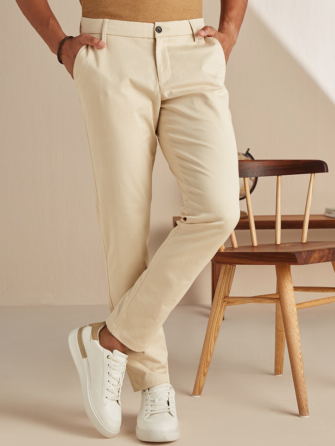 Andamen Men Beige Slim Fit Cotton Chinos Trouser