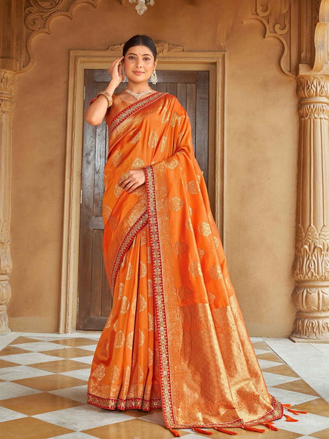 

MONJOLIKA FASHION Orange & Red Ethnic Motifs Embroidered Banarasi Saree