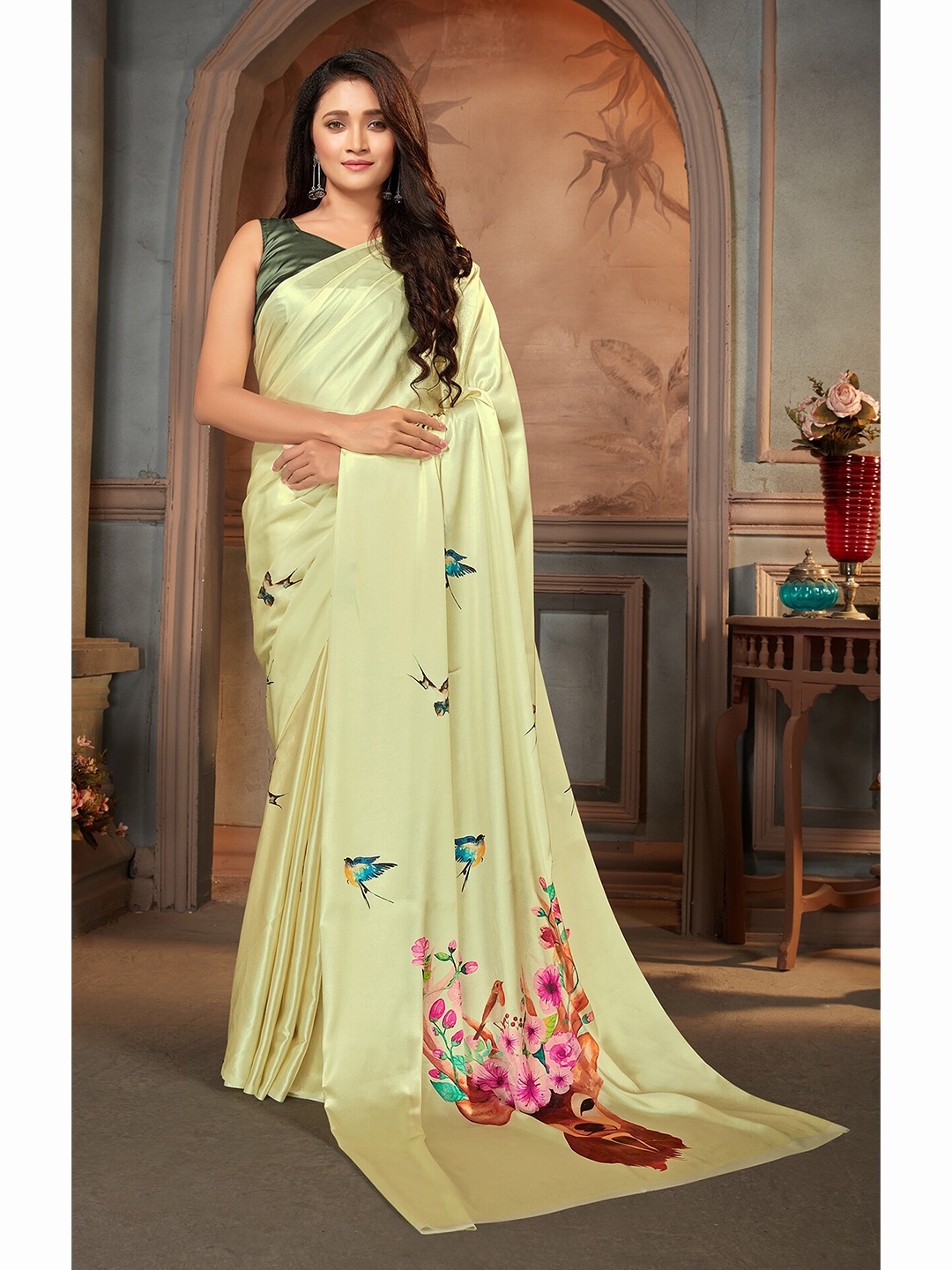 

MONJOLIKA FASHION Olive Green & Red Floral Satin Saree