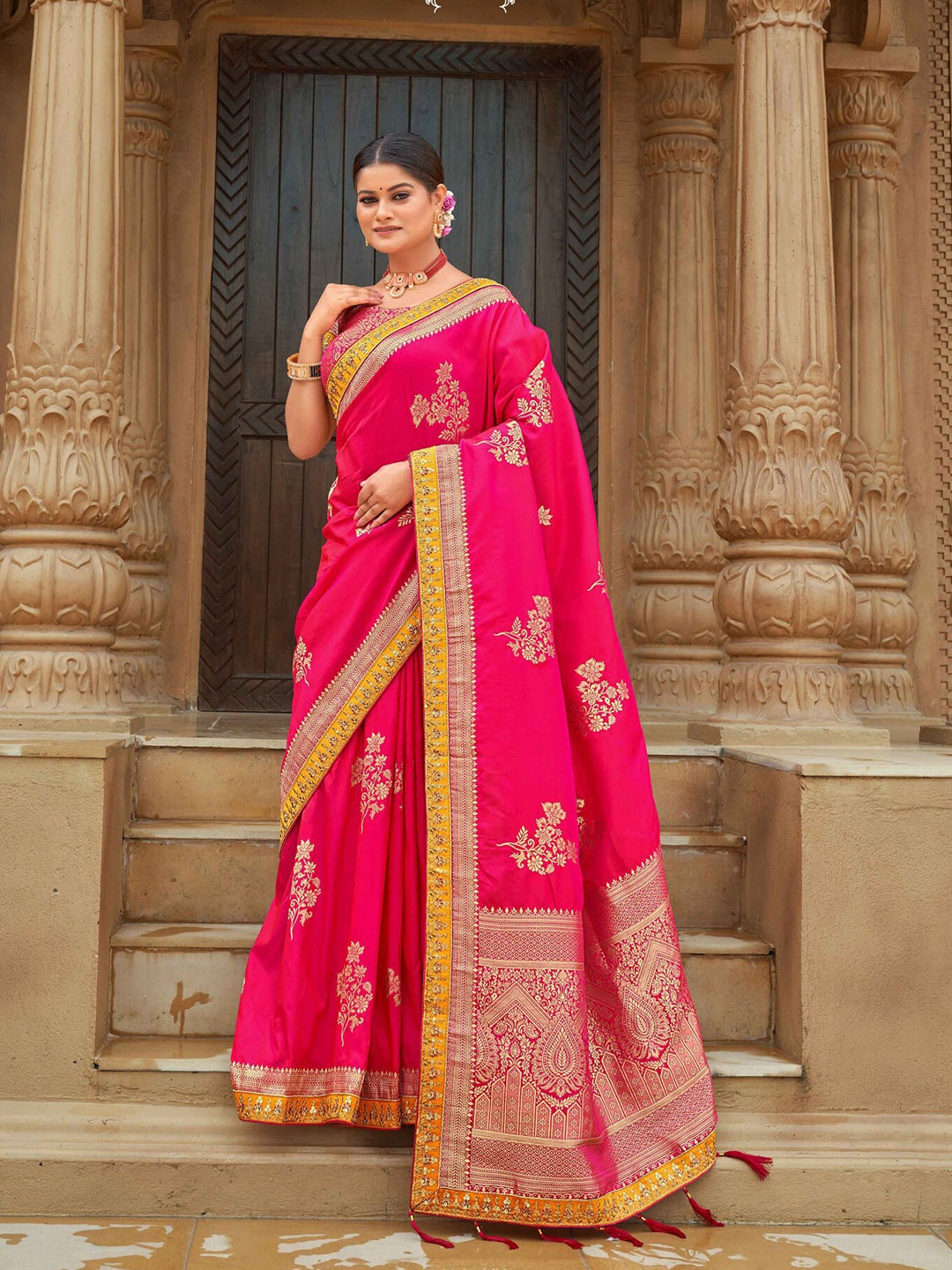 

MONJOLIKA FASHION Pink & Yellow Ethnic Motifs Zari Banarasi Saree