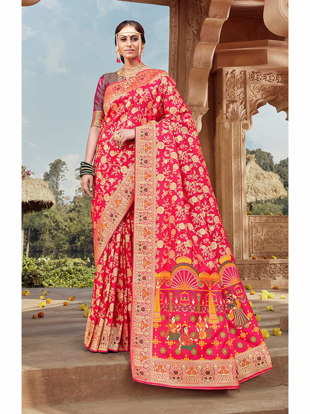 

MONJOLIKA FASHION Pink & Gold-Toned Ethnic Motifs Zari Banarasi Saree