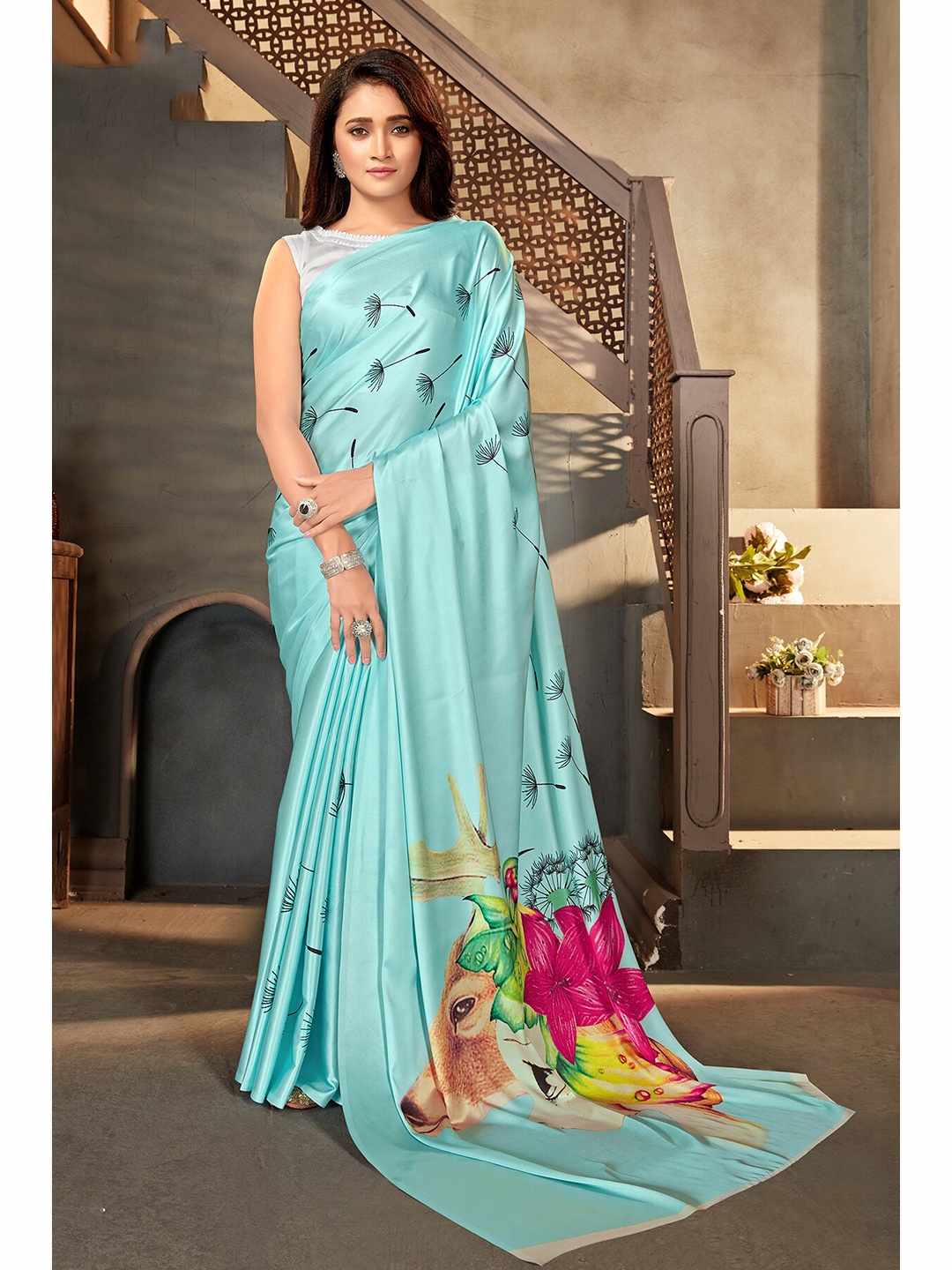 

MONJOLIKA FASHION Blue & Pink Floral Satin Saree