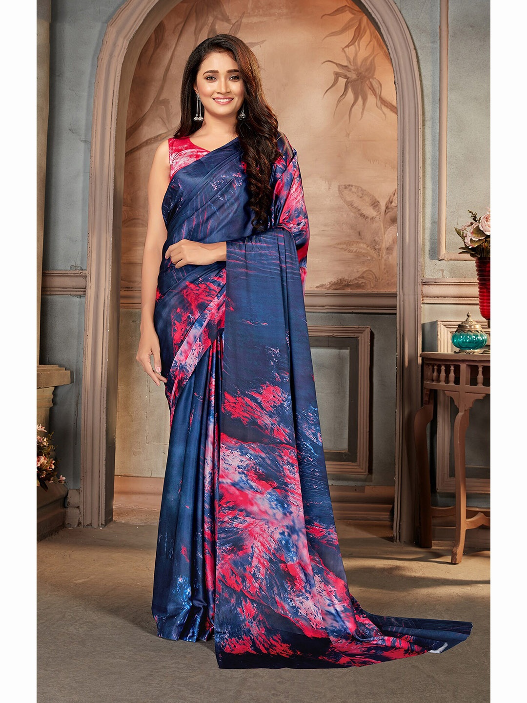 

MONJOLIKA FASHION Blue & Pink Printed Satin Saree