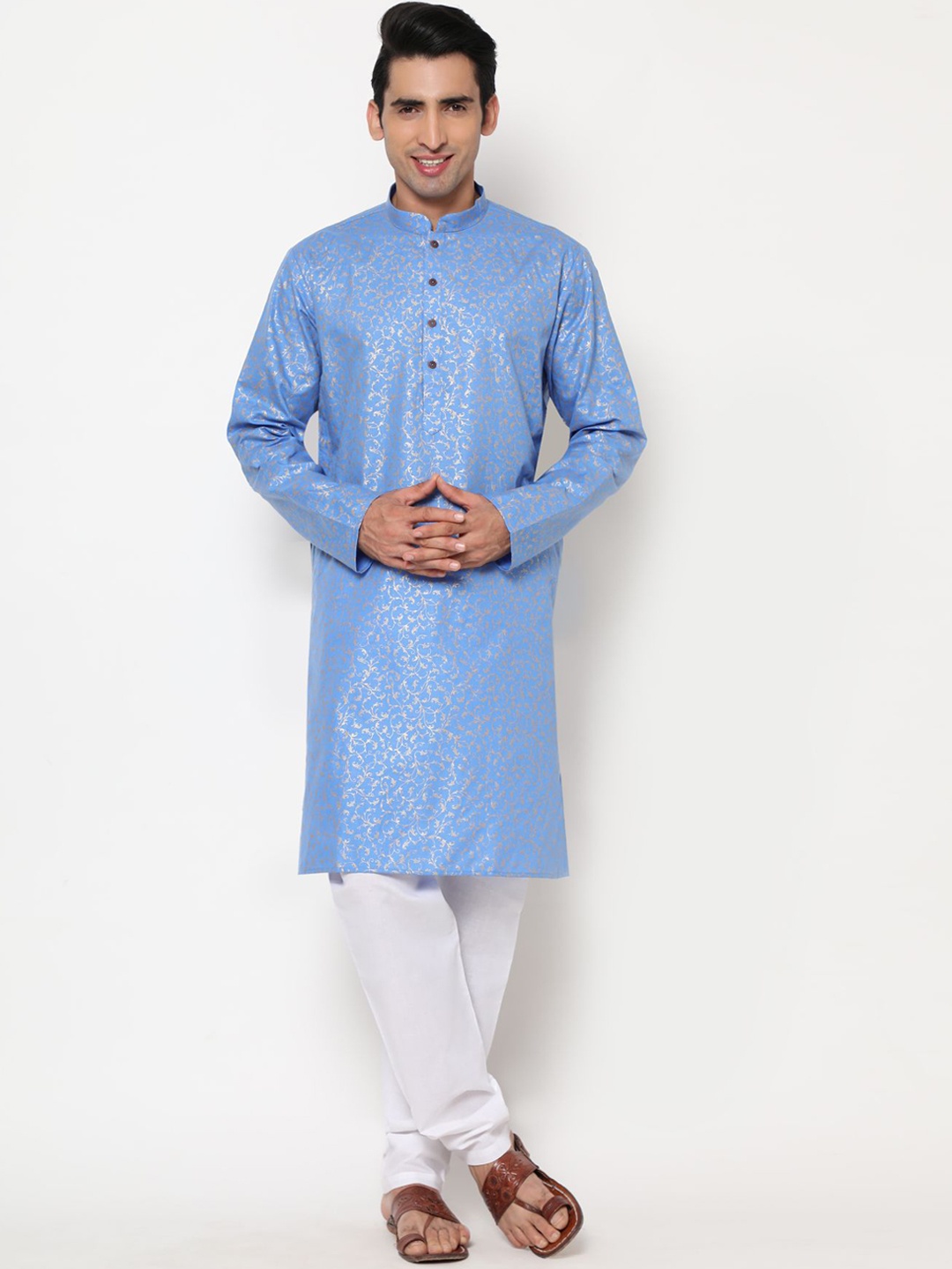 

Phenav Men Blue Printed Thread Work Pure Cotton Kurta with Pyjamas