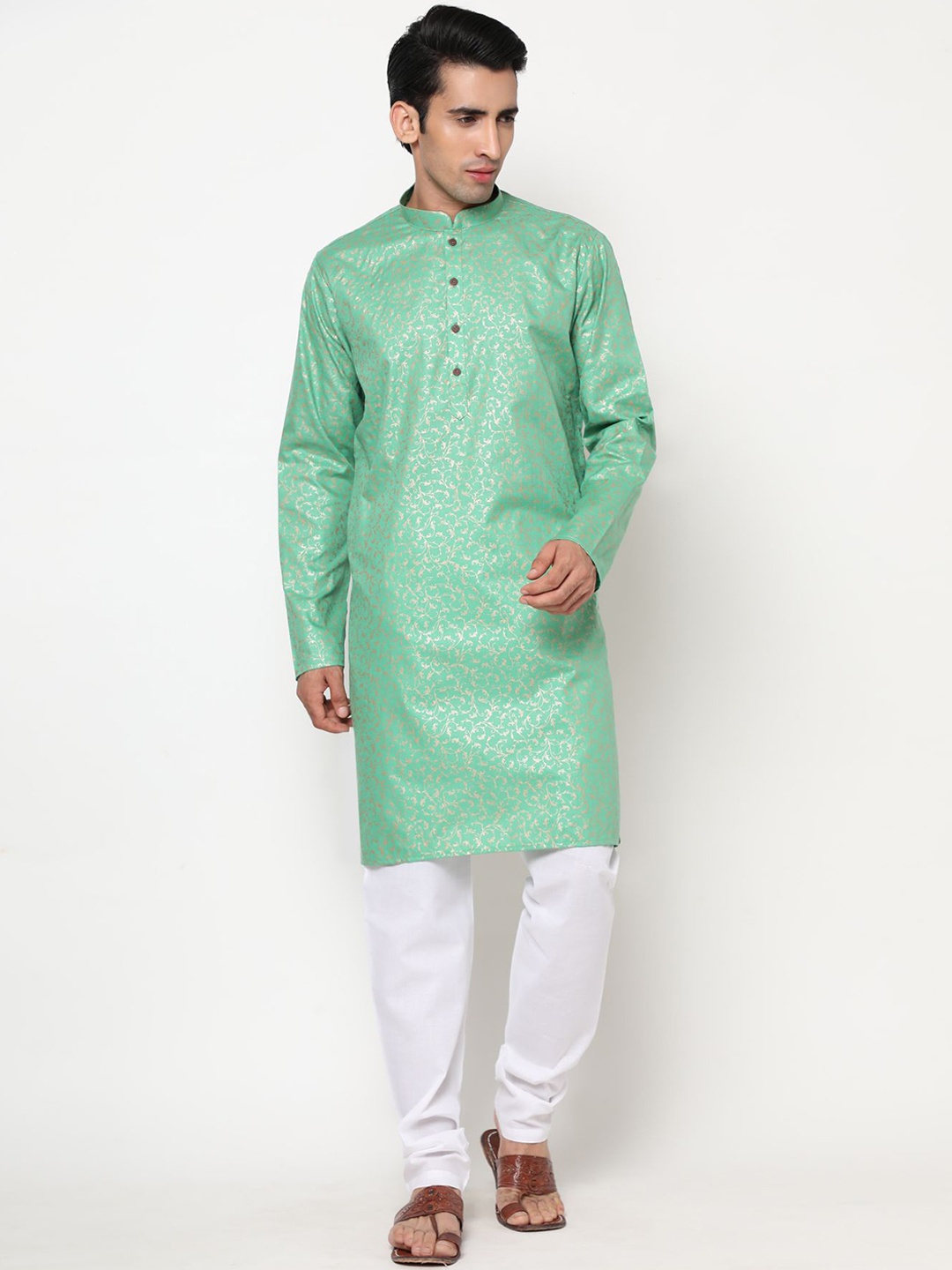 

Phenav Men Green Printed Thread Work Pure Cotton Kurta with Pyjamas