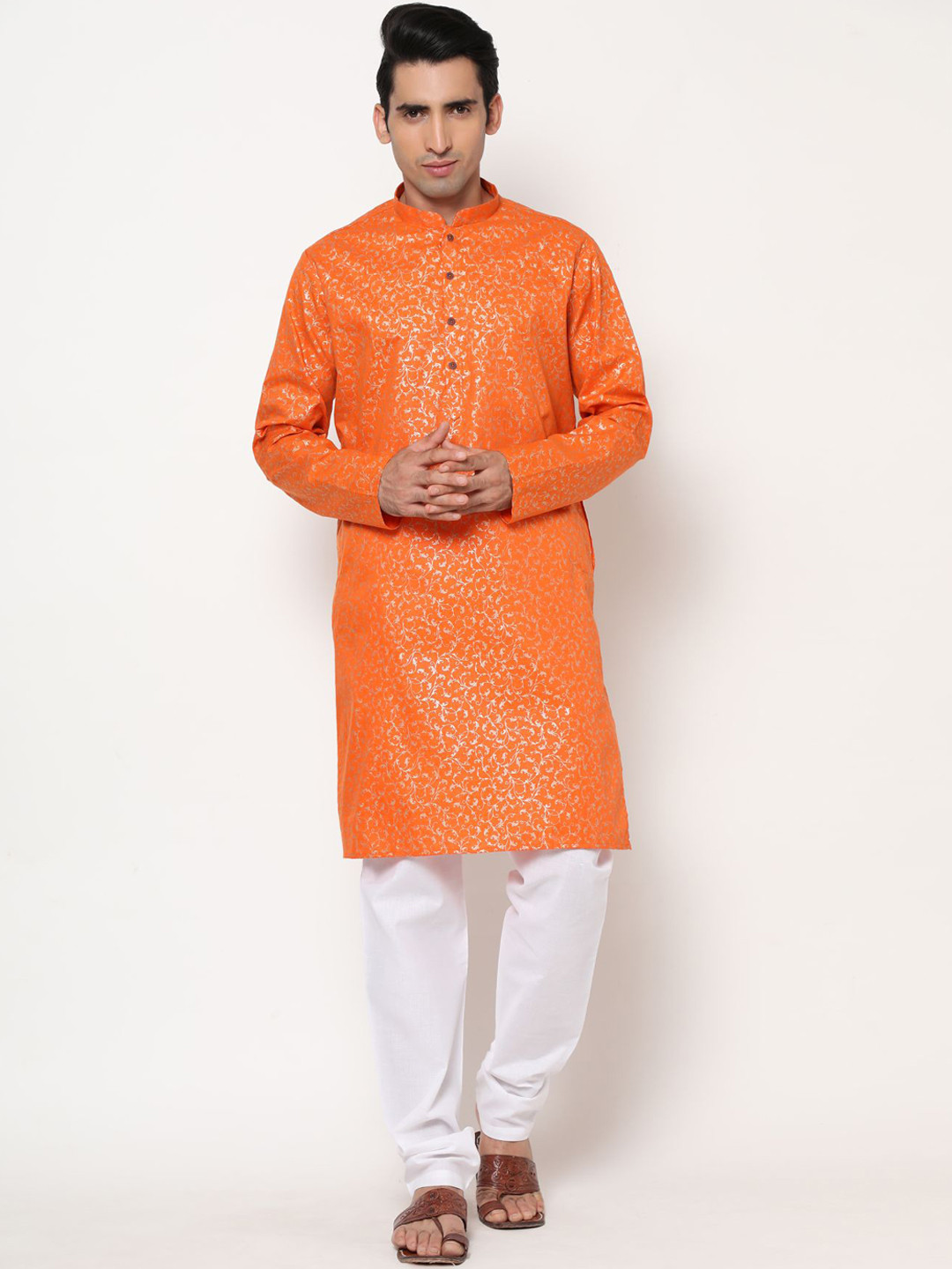 

Phenav Men Orange Printed Thread Work Pure Cotton Kurta with Churidar