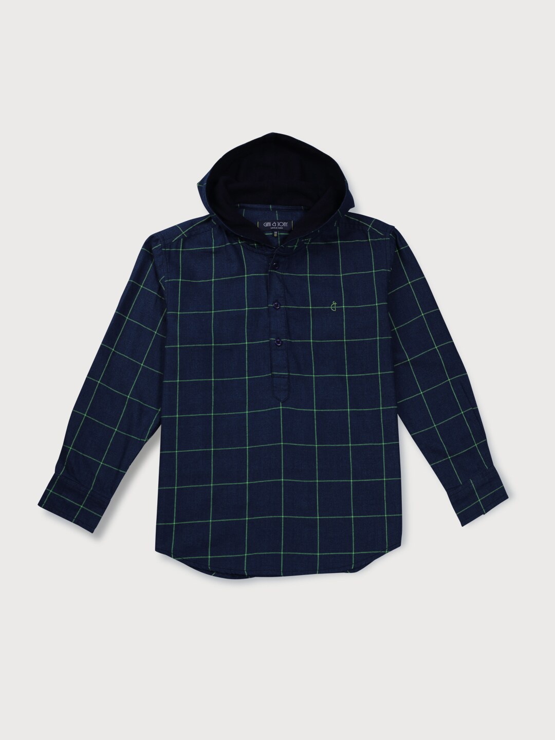 

Gini and Jony Boys Navy Blue & Green Checked Cotton Hooded Casual Shirt