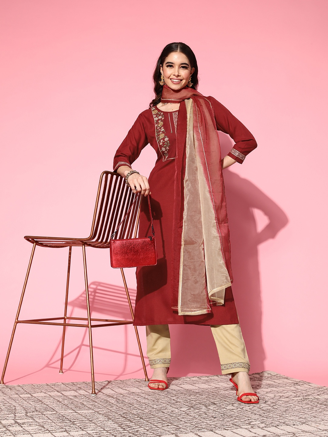 

SheWill Red Floral Embroidered Gotta Patti Kurta with Trousers & With Dupatta