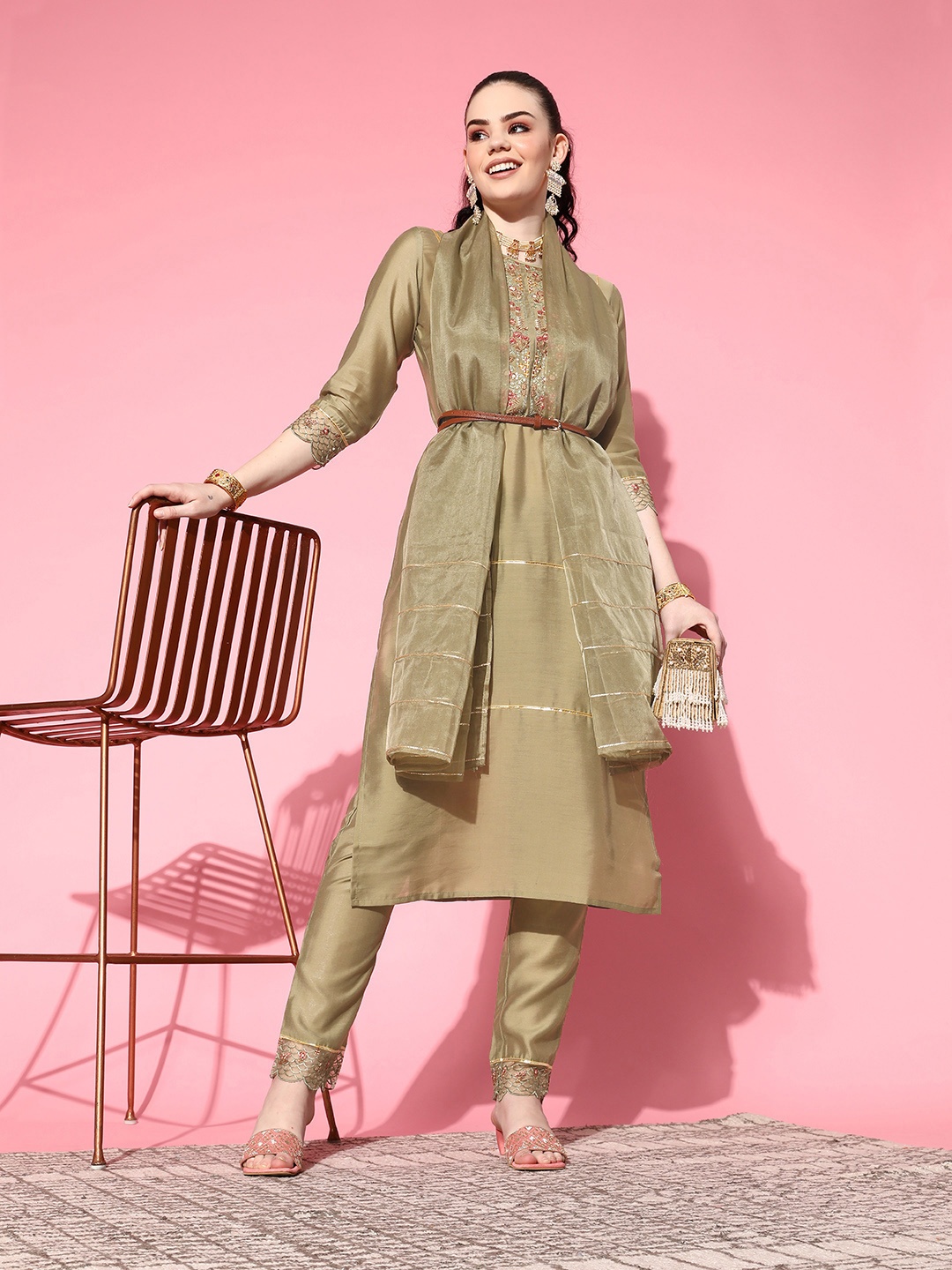 

SheWill Women Green Floral Embroidered Kurta with Trousers & With Dupatta