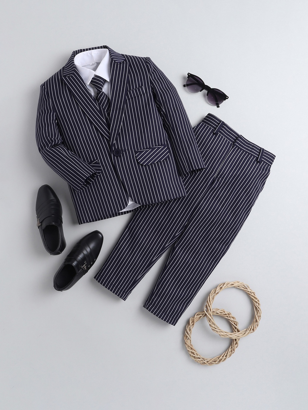Jeetethnics Infants Boys Navy Blue & White Striped Patterned Single- Breasted 4-Peice Suits