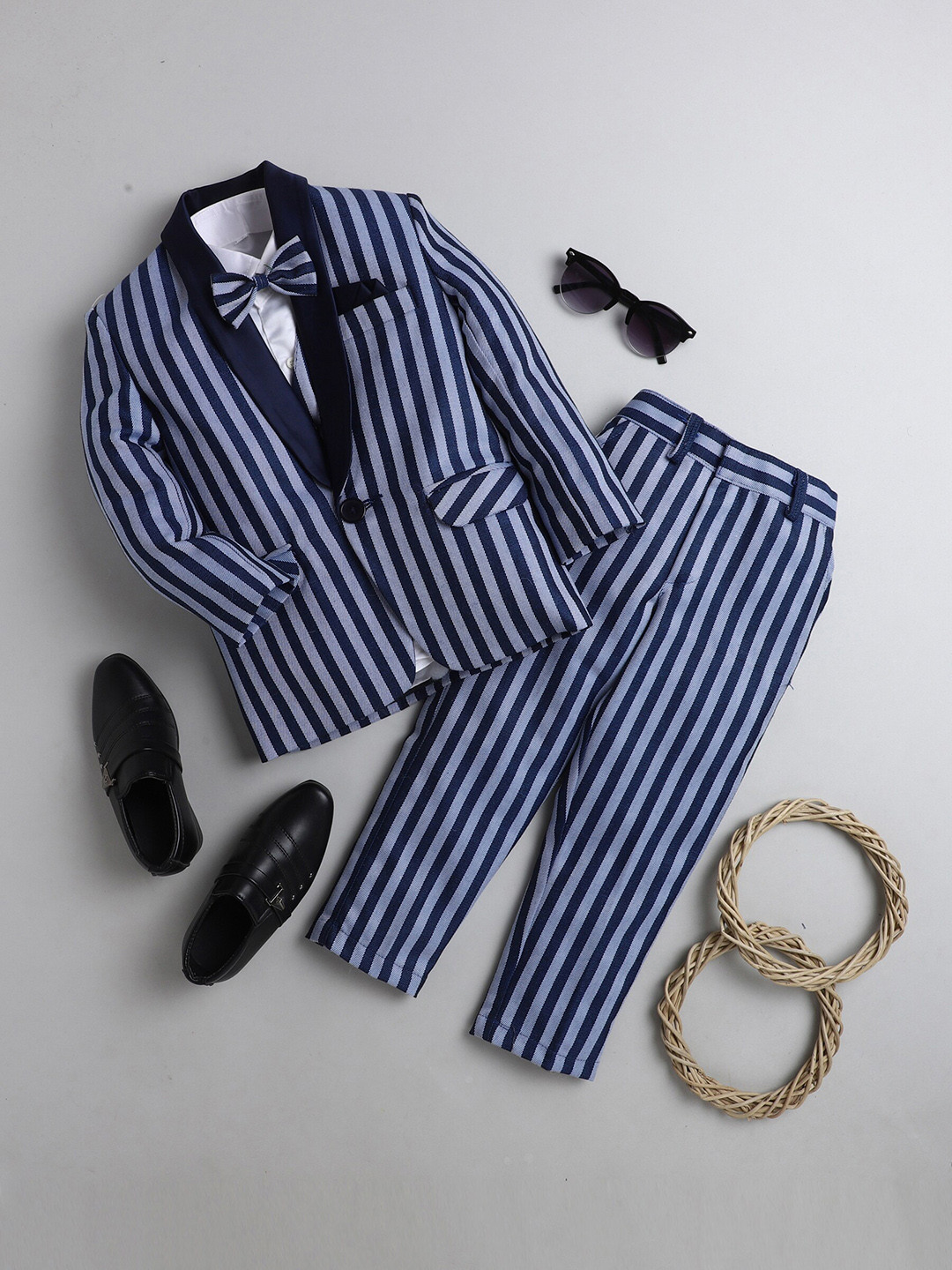 

Jeetethnics Boys Navy Blue Striped 4 Piece Single-Breasted Suit With Bow Tie
