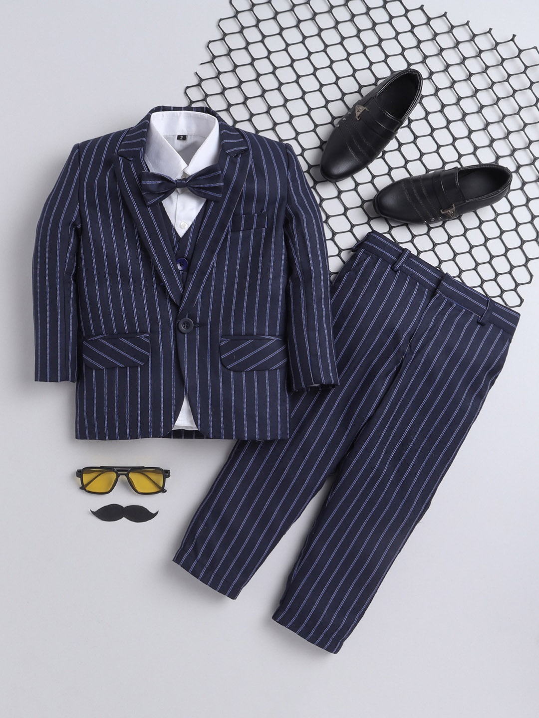 

Jeetethnics Boys Navy Blue Striped Single-Breasted 4-Piece Suit
