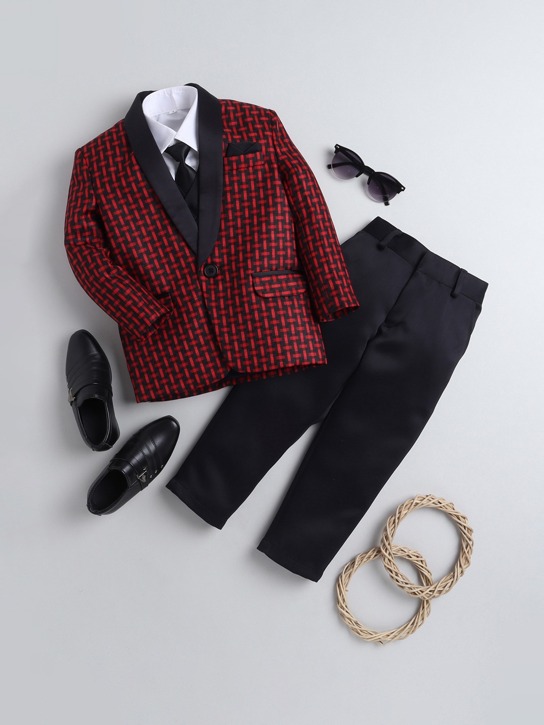 Jeetethnics Boys Checked Tuxedo 4-Piece Partywear Suit, Black