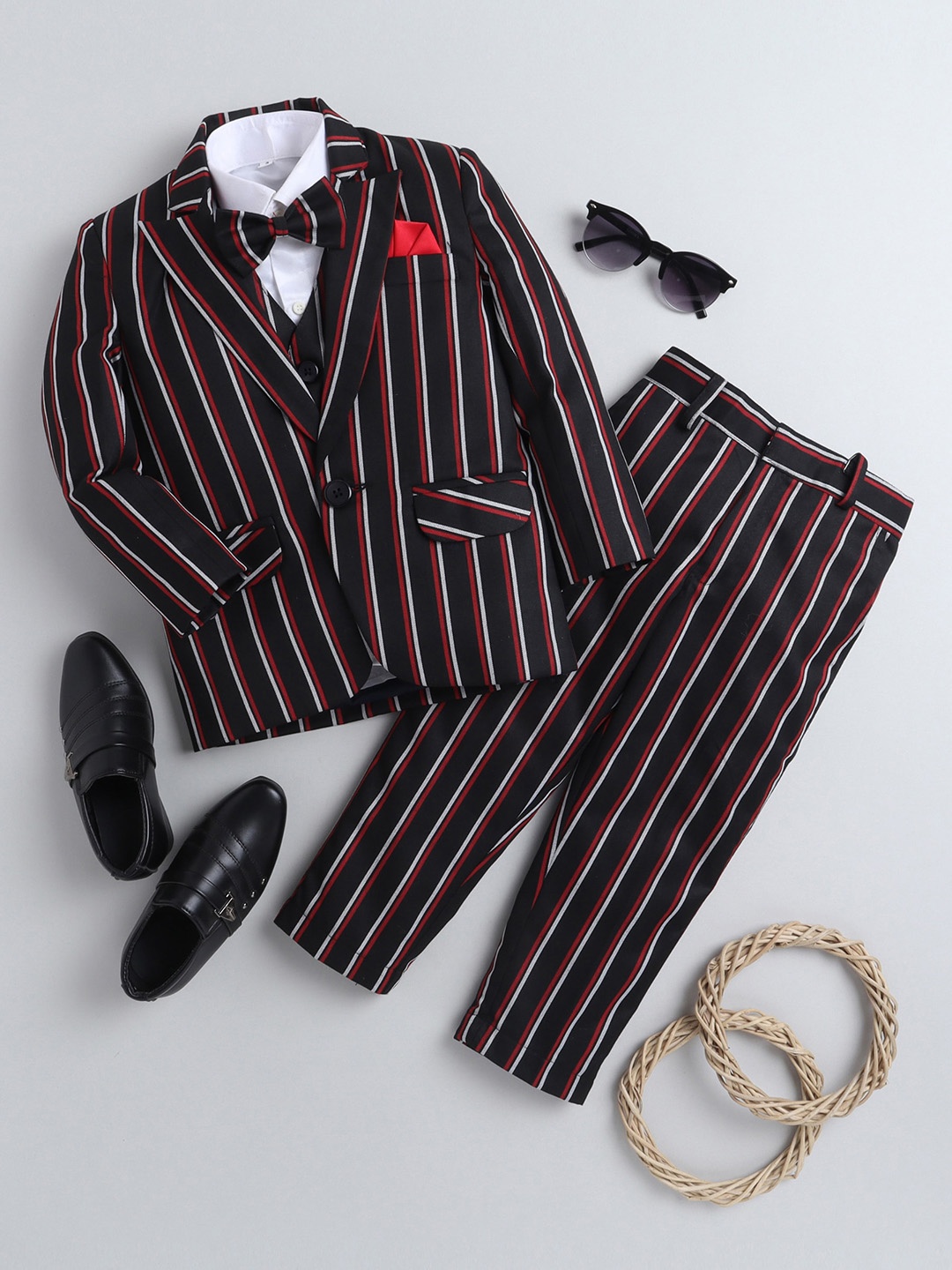 

Jeetethnics Boys Black Striped Five-Piece Party Suit