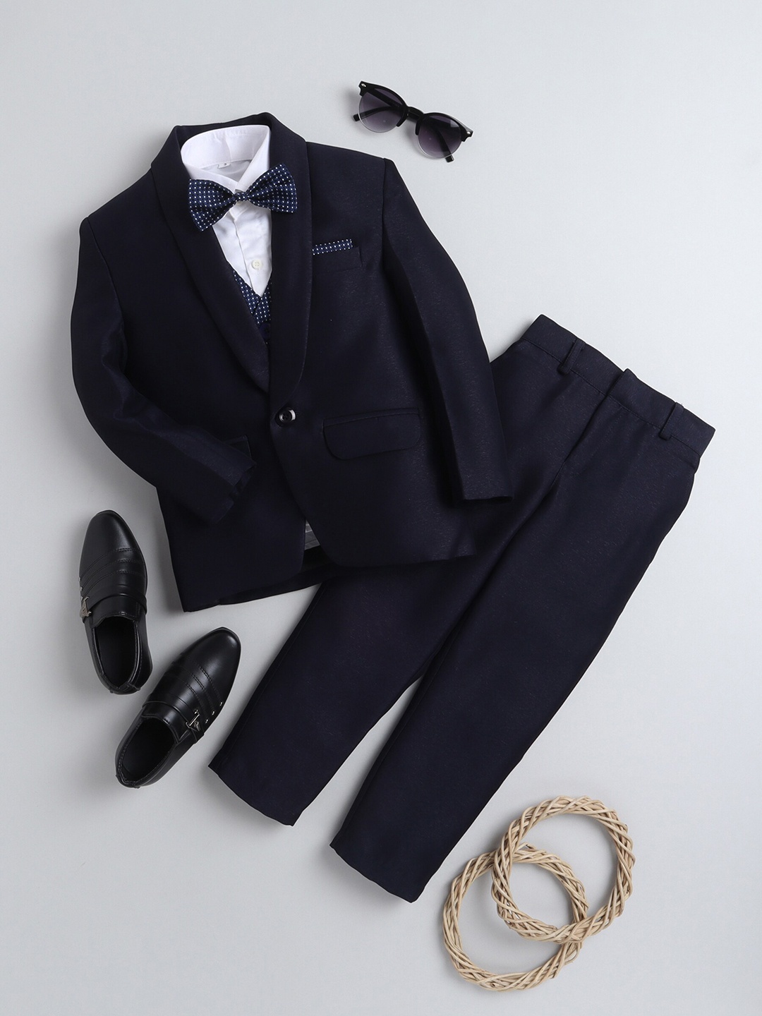 

Jeetethnics Boys Piece Navy Blue Solid 4 Piece Tuxedo Party Suit With Bow