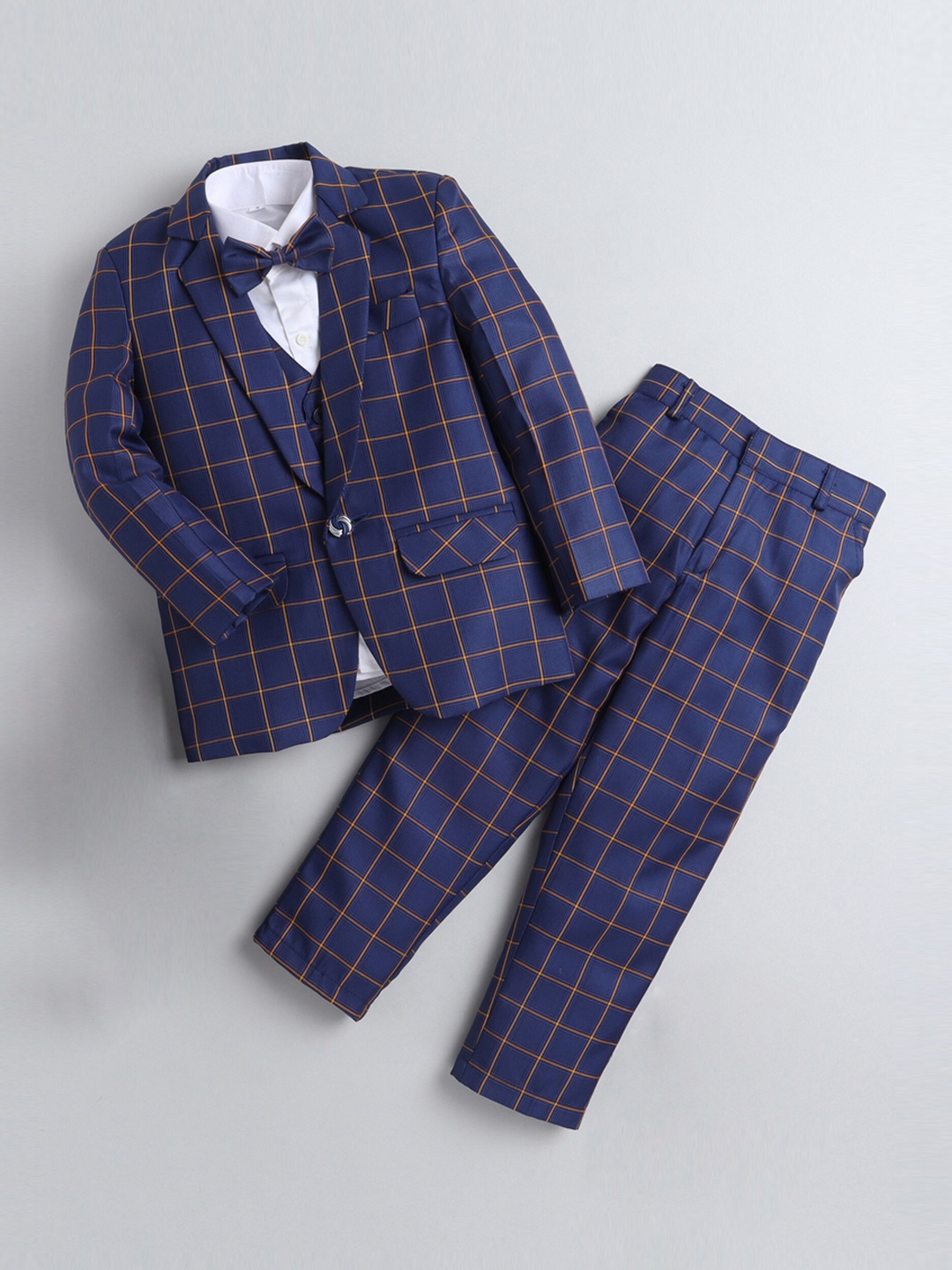 

Jeetethnics Boys Navy Blue & Yellow 4 Piece Single-Breasted Checked Suit With Bow