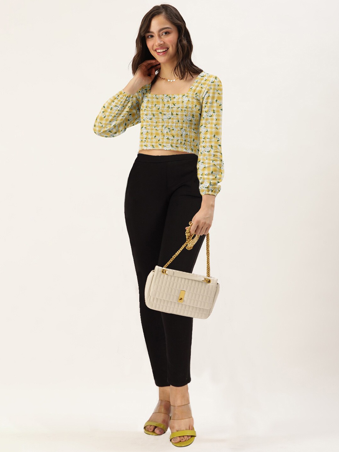 

DressBerry Women Mustard Yellow Floral Print Crop Top