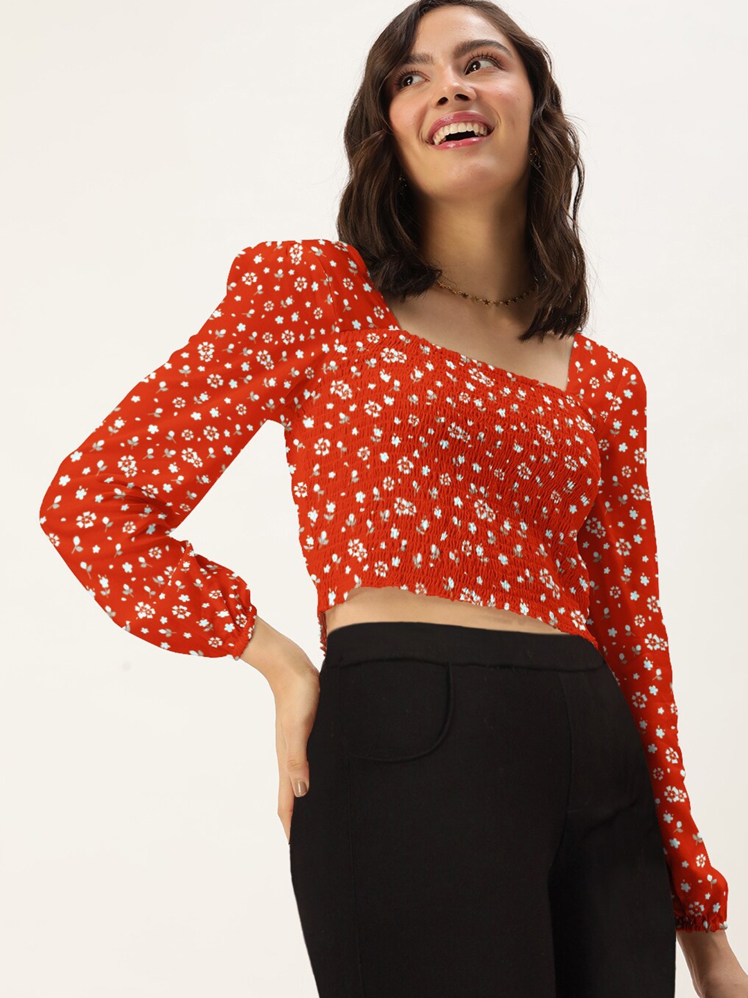 

DressBerry Women Red Floral Print Crop Top