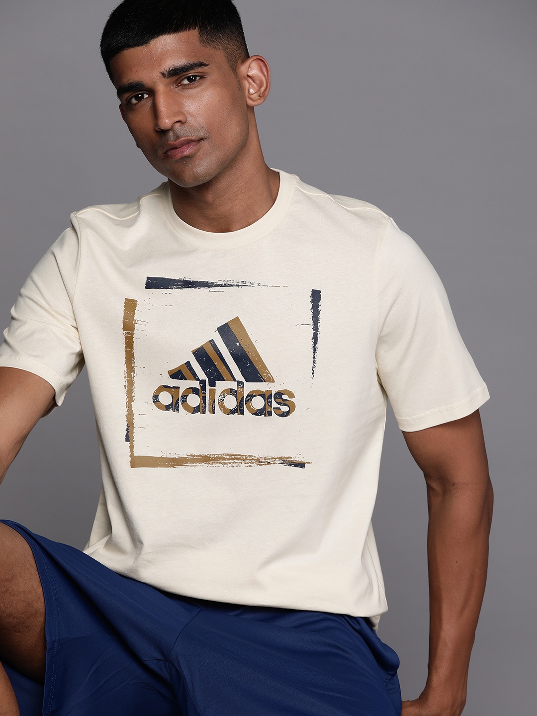 

ADIDAS Men Sustainable Two Tone Stencil Graphic Brand Logo Printed T-shirt, Off white