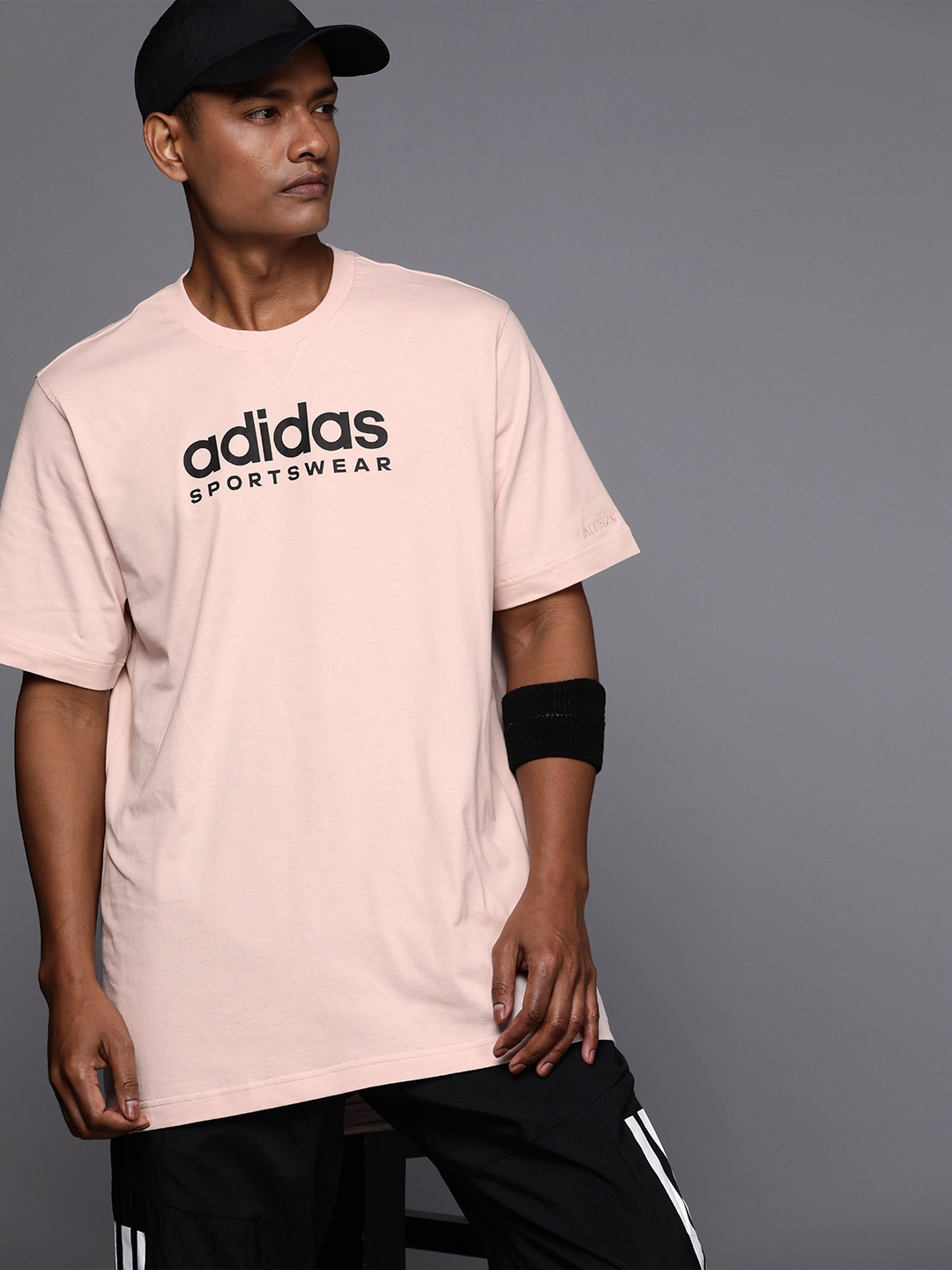 

ADIDAS Sustainable Brand Logo Printed Oversized Fit Pure Cotton T-shirt, Peach