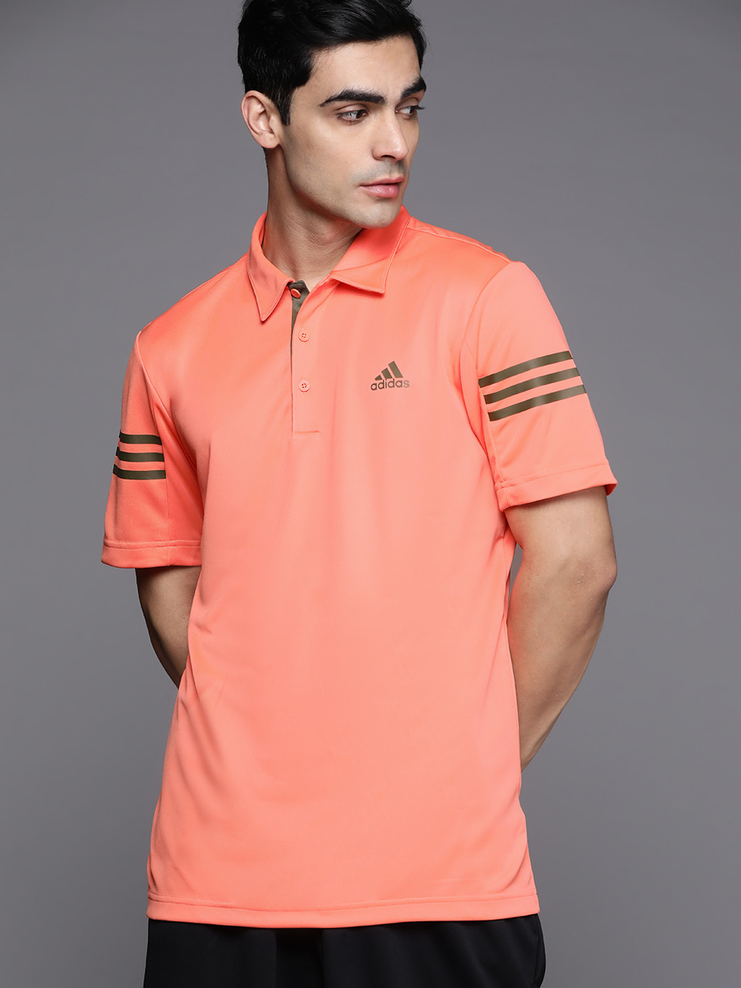 

ADIDAS Men Solid 3 STRP SLV Golf Polo Collar T-shirt, Peach