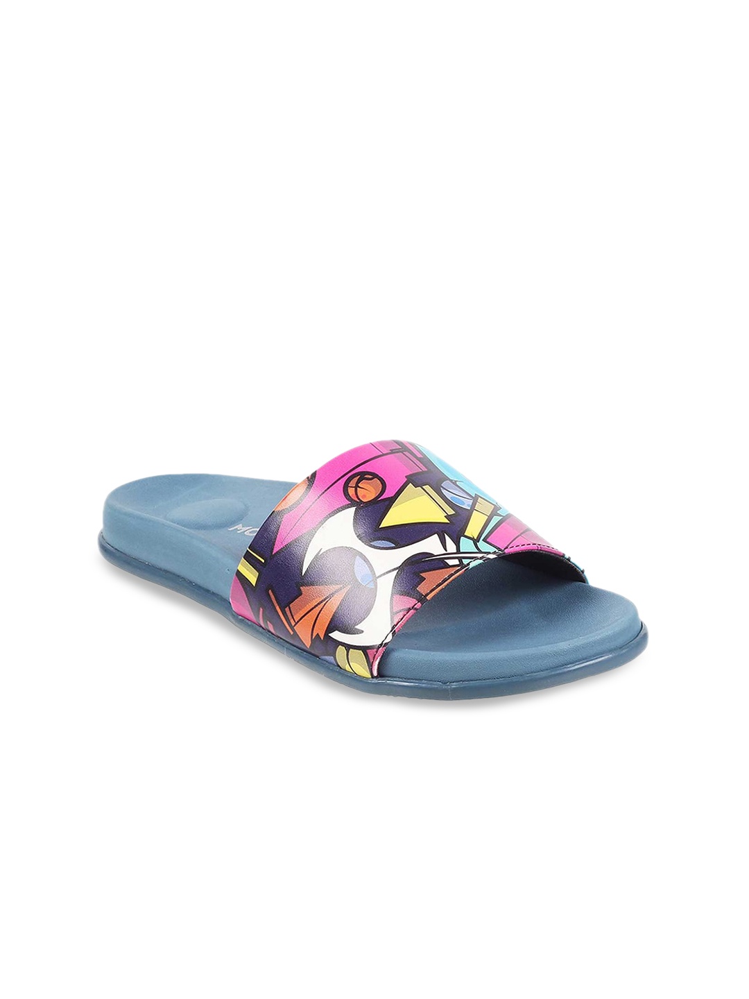 Metro Women Blue Graffiti Printed Rubber Sliders
