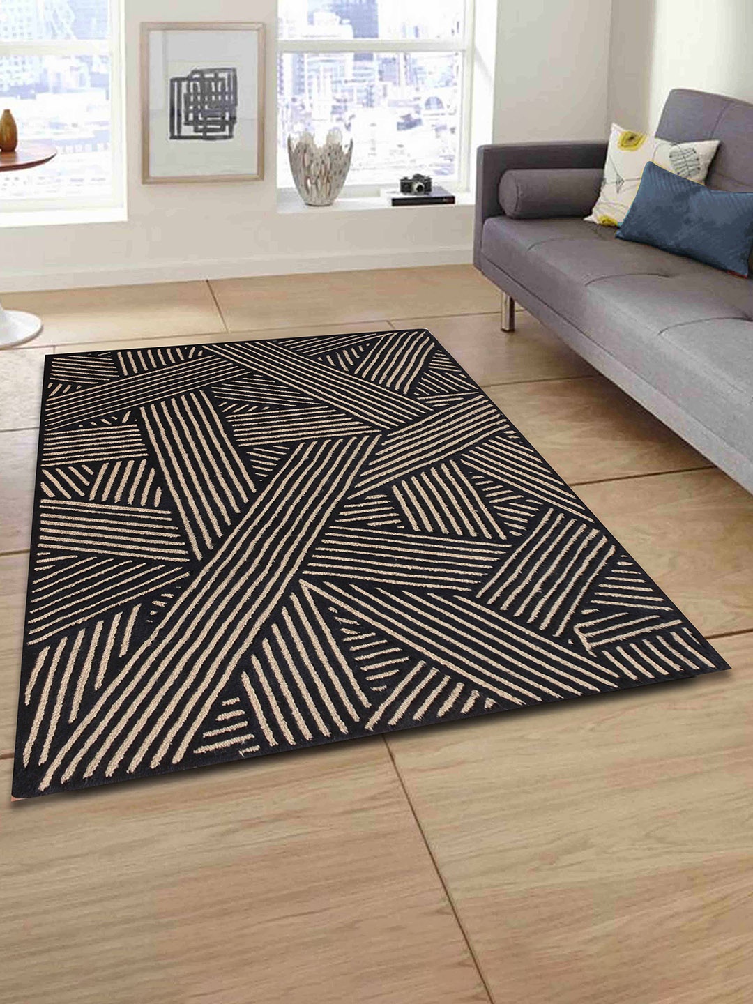 PRESTO Black & Beige Geometric Hand Tufted Wool Anti-Skid Carpet