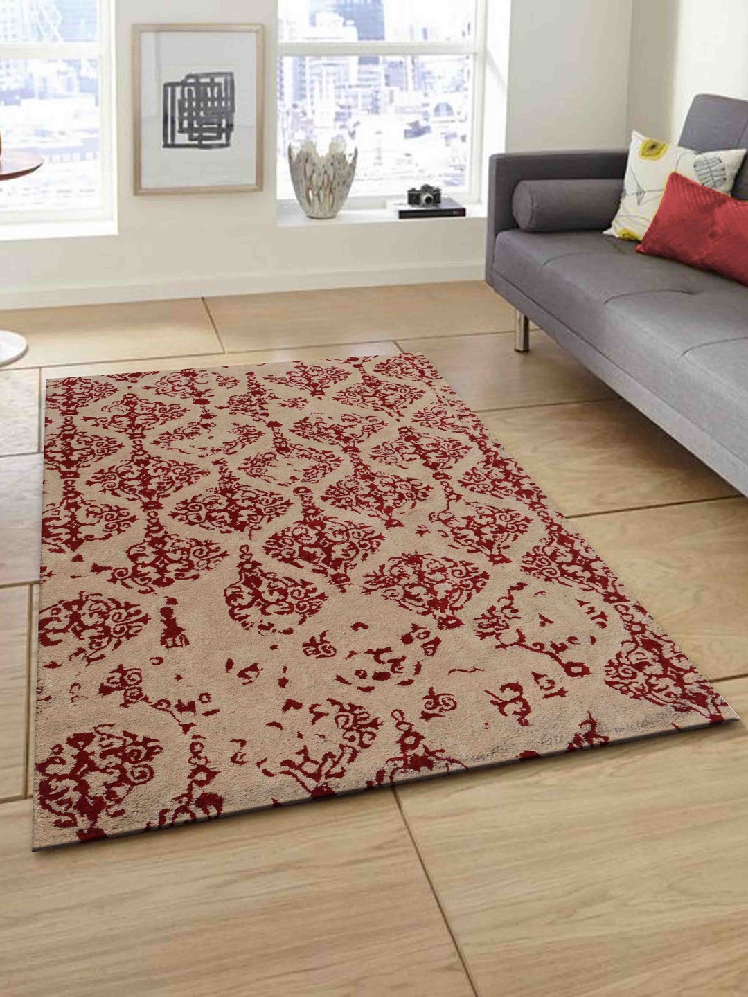 

PRESTO Beige & Red Abstract Hand Tufted Wool Anti-Skid Carpet