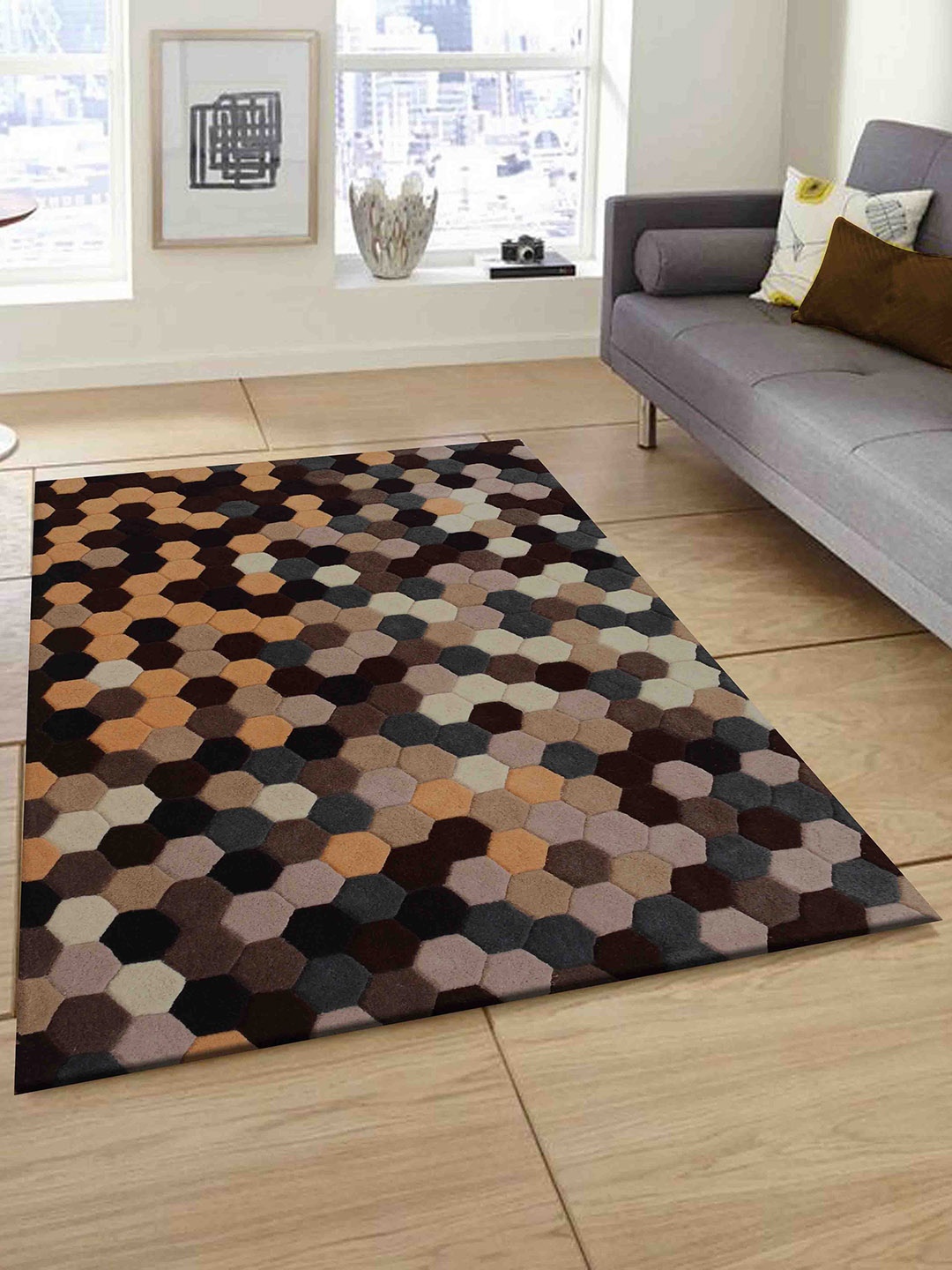 

PRESTO Brown Geometric Hand Tufted Wool Anti-Skid Carpet