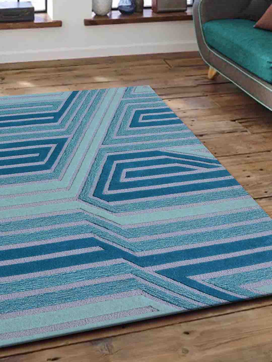 

PRESTO Blue & Silver Hand Tufted Wool Anti-Skid Carpet