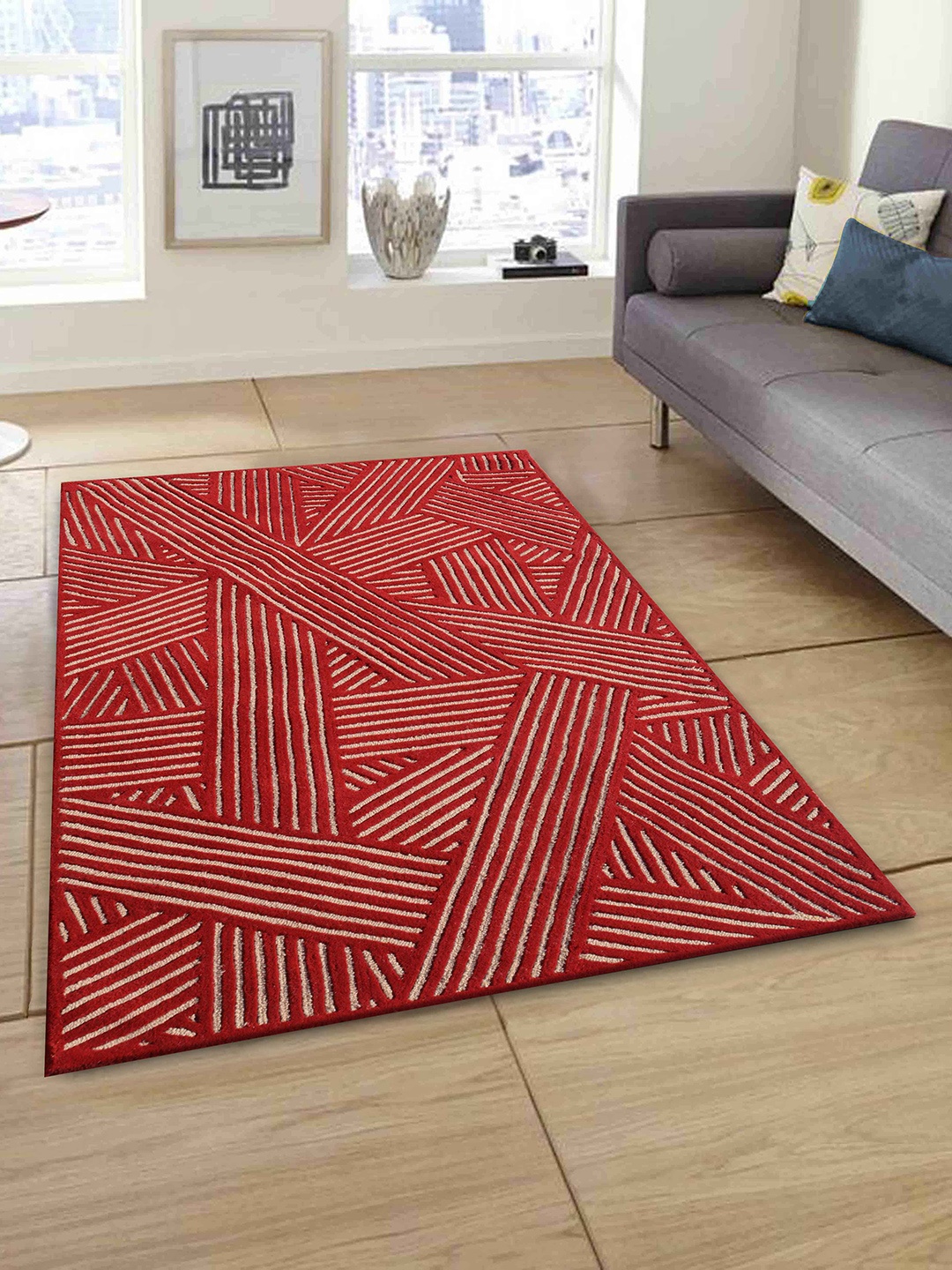 PRESTO Red Geometric Hand Tufted Wool Anti-Skid Carpet