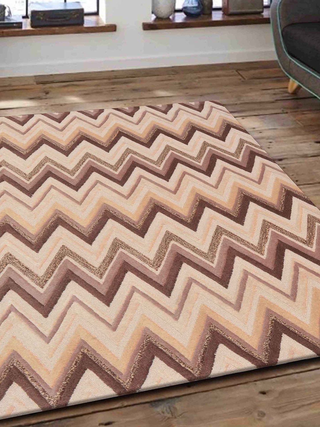 

PRESTO Brown Geometric Hand Tufted Wool Anti-Skid Carpet