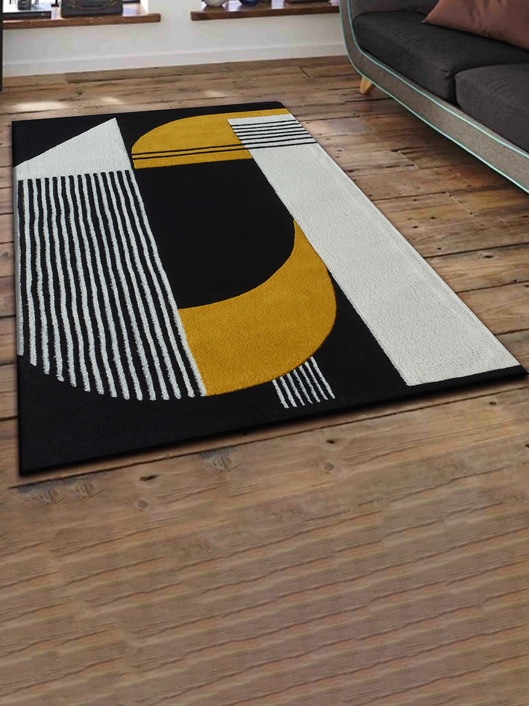 

PRESTO Black Geometric Hand Tufted Wool Anti-Skid Carpet