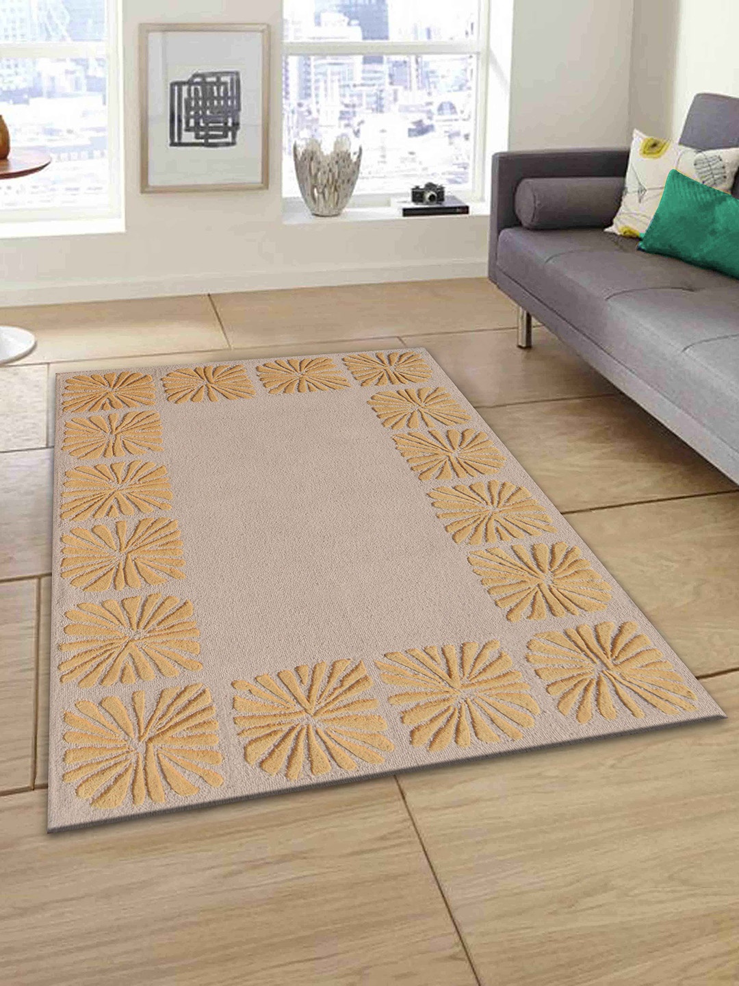 

PRESTO Gold-Coloured & Beige Abstract Printed Hand-Tufted Rectangular Carpet