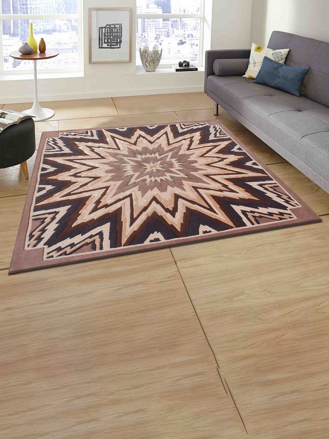 

PRESTO Unisex Brown & Grey Printed Hand Tufted Wool Square Carpet