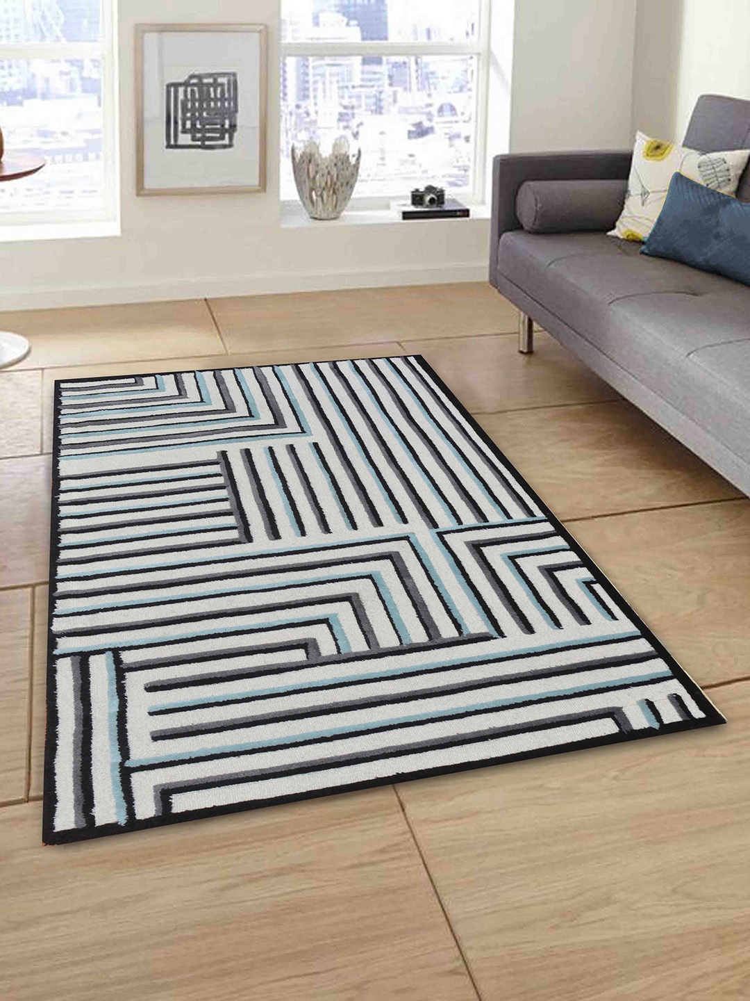 

PRESTO White & Grey Geometric Printed Hand-Tufted Rectangular Carpet