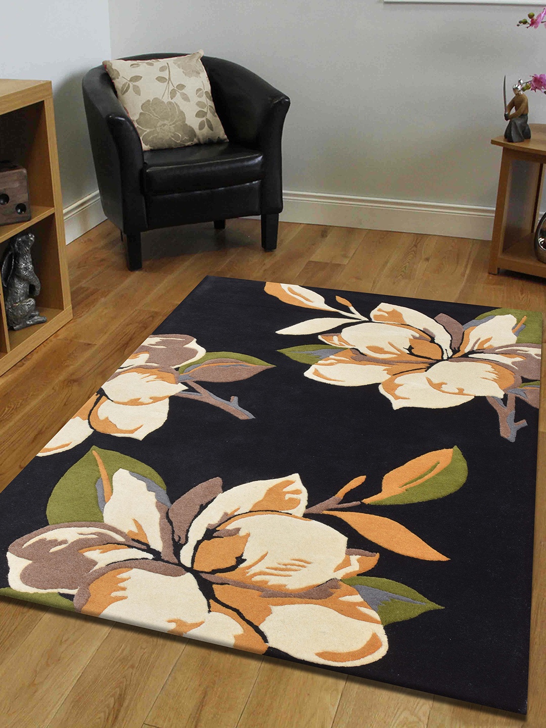 

PRESTO Black & Golden Floral Printed Hand Tufted Wool Carpet
