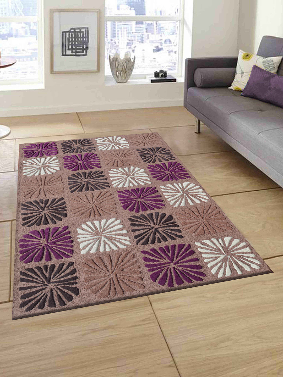 

PRESTO Purple & Brown Floral Printed Hand-Tufted Rectangular Carpet