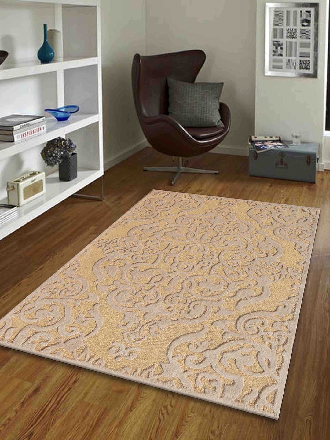 

PRESTO Gold-Toned & Beige-Color Printed Hand Tufted Anti-Skid Carpet